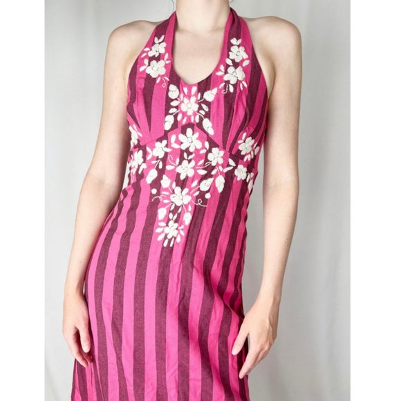 Vintage 70's Embroidered Maxi Striped Sleeveless Handmade Boho Halter Dress XS/S - Picture 4 of 8